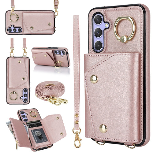 Samsung Galaxy A14 5G / 4G Zipper Card Bag Phone Case with Dual Lanyard - Rose Gold