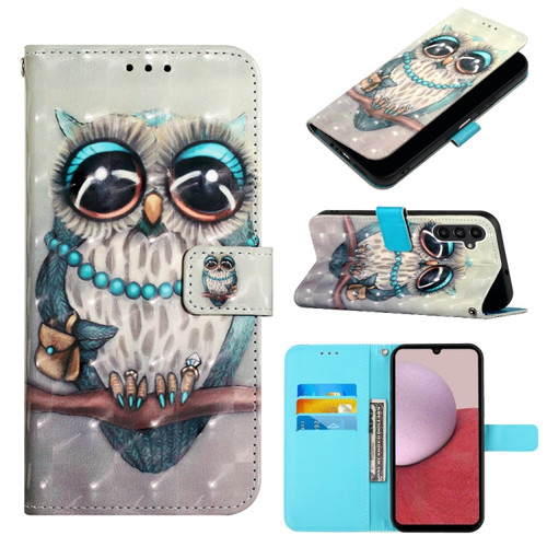 Samsung Galaxy A14 5G 3D Painting Horizontal Flip Leather Phone Case - Grey Owl