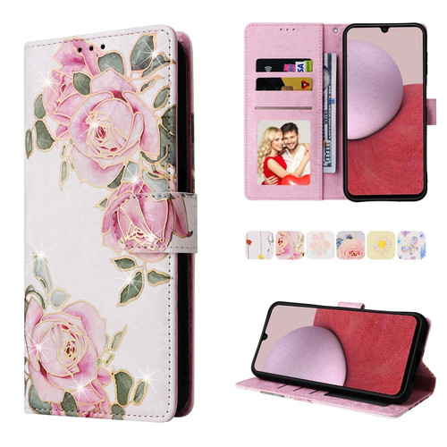 Samsung Galaxy A14 5G Bronzing Painting RFID Leather Phone Case - Rose Flower