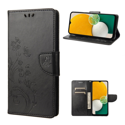 Samsung Galaxy A14 5G Butterfly Flower Pattern Flip Leather Phone Case - Black