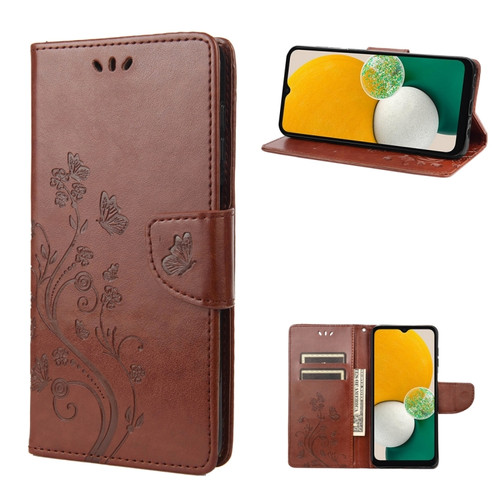 Samsung Galaxy A14 5G Butterfly Flower Pattern Flip Leather Phone Case - Brown