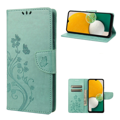 Samsung Galaxy A14 5G Butterfly Flower Pattern Flip Leather Phone Case - Green