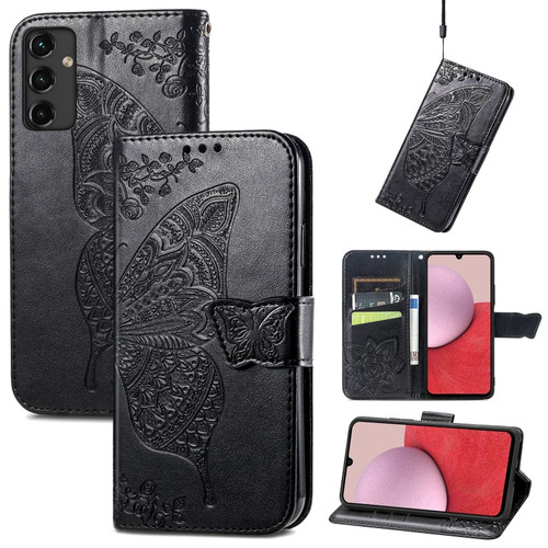 Samsung Galaxy A14 5G Butterfly Love Flower Embossed Leather Phone Case - Black
