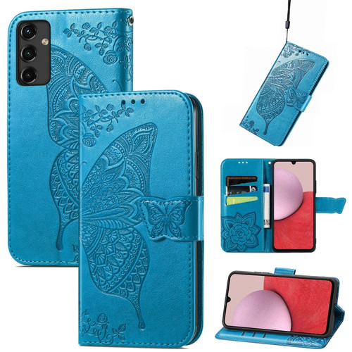 Samsung Galaxy A14 5G Butterfly Love Flower Embossed Leather Phone Case - Blue