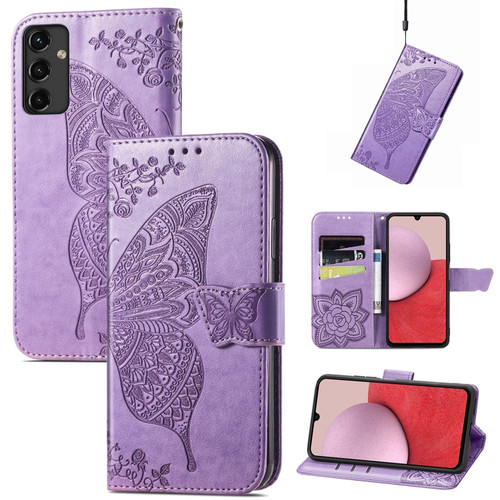 Samsung Galaxy A14 5G Butterfly Love Flower Embossed Leather Phone Case - Lavender