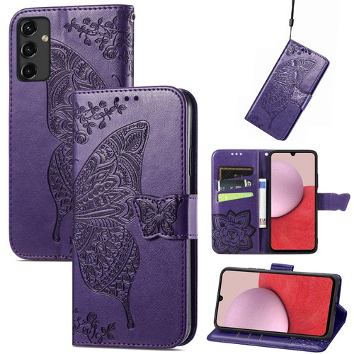 Samsung Galaxy A14 5G Butterfly Love Flower Embossed Leather Phone Case - Purple