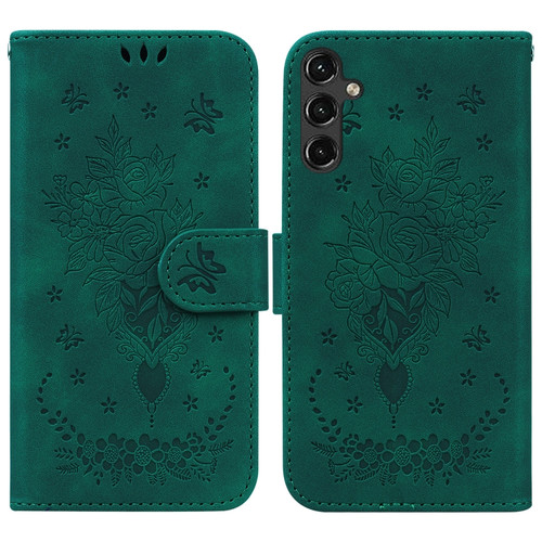 Samsung Galaxy A14 5G Butterfly Rose Embossed Leather Phone Case - Green