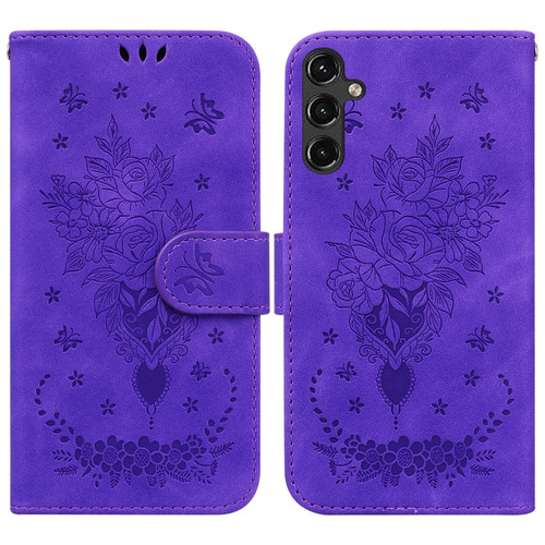 Samsung Galaxy A14 5G Butterfly Rose Embossed Leather Phone Case - Purple