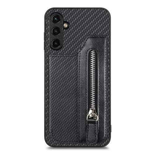 Samsung Galaxy A14 5G Carbon Fiber Horizontal Flip Zipper Wallet Phone Case - Black