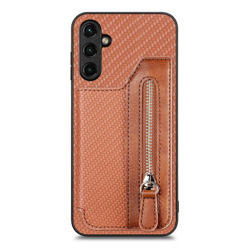 Samsung Galaxy A14 5G Carbon Fiber Horizontal Flip Zipper Wallet Phone Case - Brown