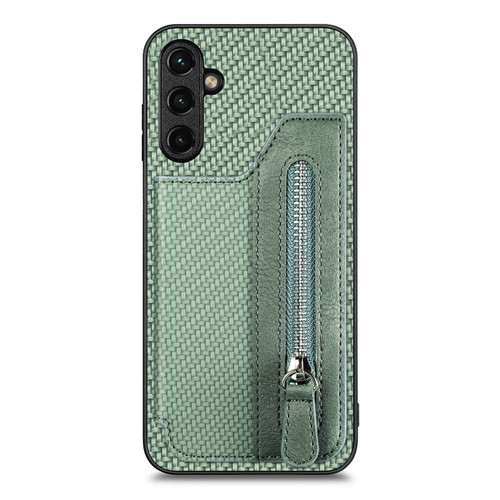 Samsung Galaxy A14 5G Carbon Fiber Horizontal Flip Zipper Wallet Phone Case - Green