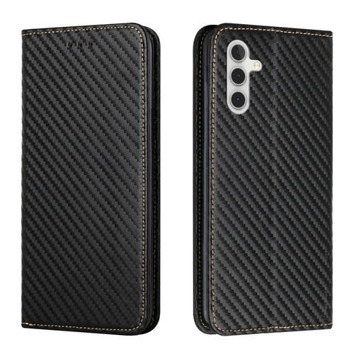 Samsung Galaxy A14 5G Carbon Fiber Texture Magnetic Flip Leather Phone Case - Black