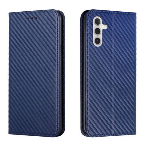 Samsung Galaxy A14 5G Carbon Fiber Texture Magnetic Flip Leather Phone Case - Blue