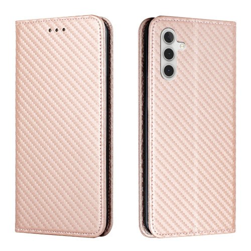 Samsung Galaxy A14 5G Carbon Fiber Texture Magnetic Flip Leather Phone Case - Rose Gold