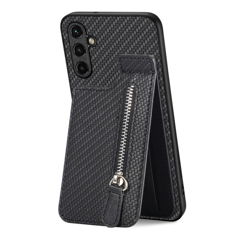 Samsung Galaxy A14 5G Carbon Fiber Vertical Flip Zipper Wallet Phone Case - Black