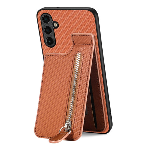 Samsung Galaxy A14 5G Carbon Fiber Vertical Flip Zipper Wallet Phone Case - Brown