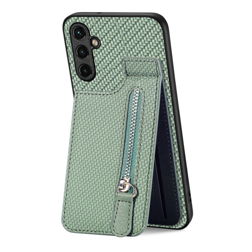 Samsung Galaxy A14 5G Carbon Fiber Vertical Flip Zipper Wallet Phone Case - Green