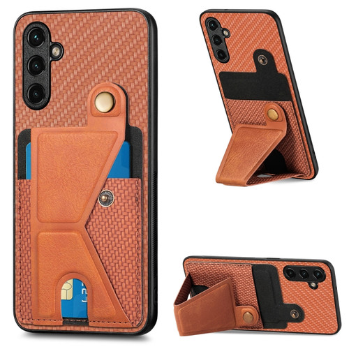 Samsung Galaxy A14 5G Carbon Fiber Wallet Flip Card K-shaped Holder Phone Case - Brown