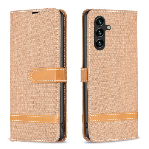 Samsung Galaxy A14 5G Color Block Denim Texture Leather Phone Case - Brown