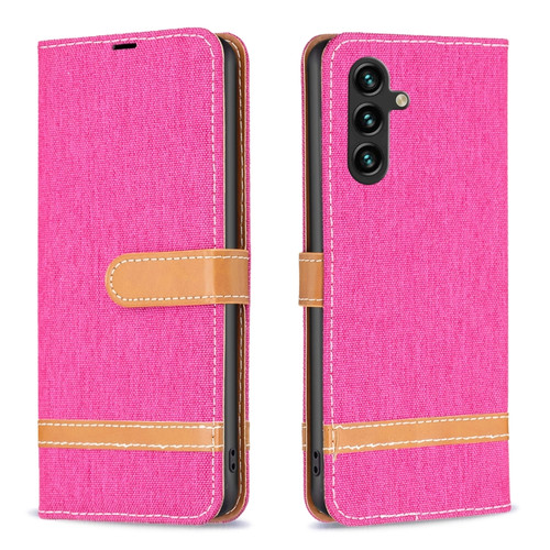 Samsung Galaxy A14 5G Color Block Denim Texture Leather Phone Case - Rose Red
