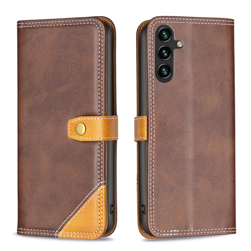 Samsung Galaxy A14 5G Color Matching Double Sewing Thread Leather Phone Case - Brown
