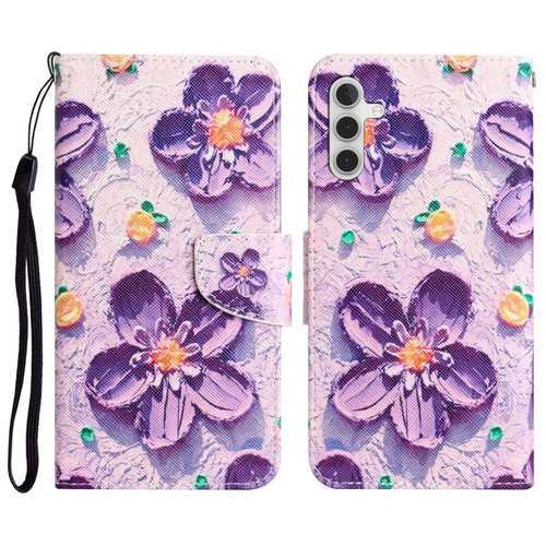 Samsung Galaxy A14 5G Colored Drawing Leather Phone Case - Purple Flower