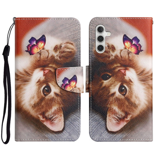 Samsung Galaxy A14 5G Colored Drawing Pattern Leather Phone Case - Butterfly Cat