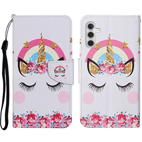 Samsung Galaxy A14 5G Colored Drawing Pattern Leather Phone Case - Crown Unicorn