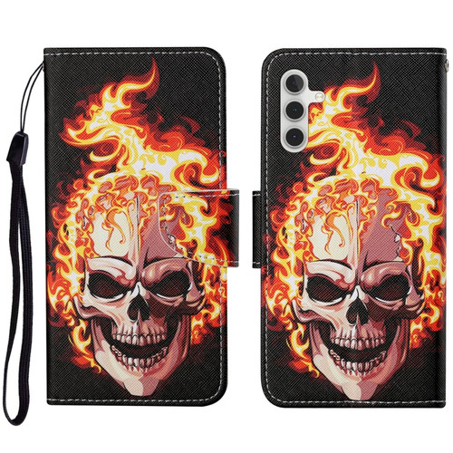 Samsung Galaxy A14 5G Colored Drawing Pattern Leather Phone Case - Flame Skull