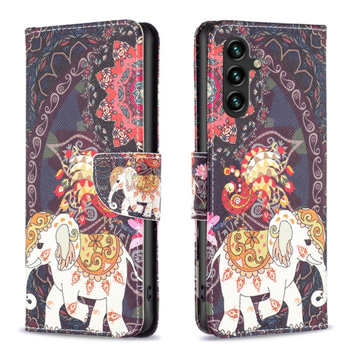 Samsung Galaxy A14 5G Colored Drawing Pattern Leather Phone Case - Flowers Elephant