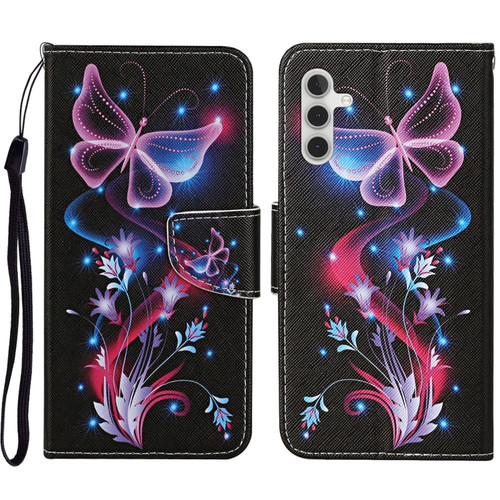 Samsung Galaxy A14 5G Colored Drawing Pattern Leather Phone Case - Fluorescent Butterfly