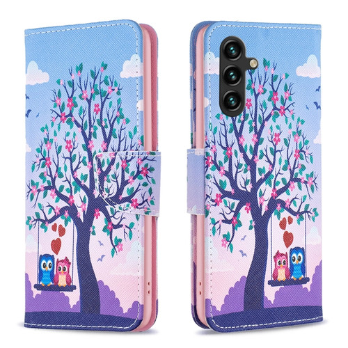 Samsung Galaxy A14 5G Colored Drawing Pattern Leather Phone Case - Owl