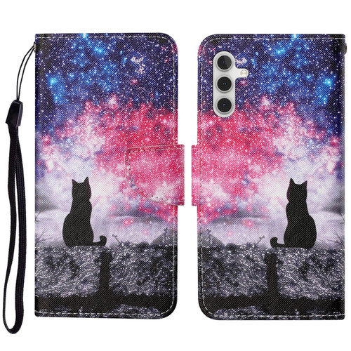 Samsung Galaxy A14 5G Colored Drawing Pattern Leather Phone Case - Star Sky Cat