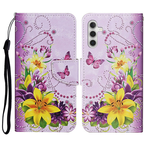 Samsung Galaxy A14 5G Colored Drawing Pattern Leather Phone Case - Yellow Flower Butterfly