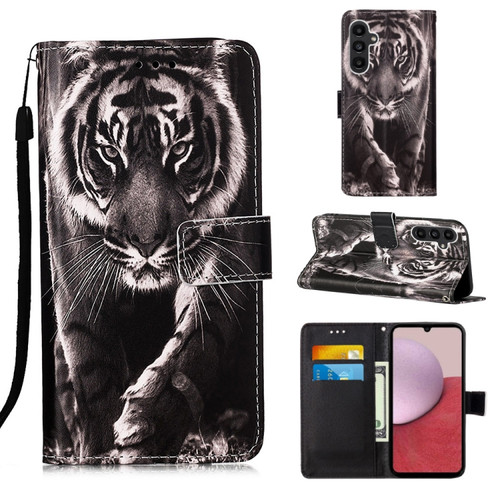 Samsung Galaxy A14 5G Colored Drawing Pattern Plain Weave Leather Phone Case - Black And White Tiger