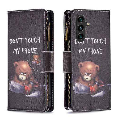 Samsung Galaxy A14 5G Colored Drawing Pattern Zipper Leather Phone Case - Bear