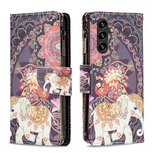 Samsung Galaxy A14 5G Colored Drawing Pattern Zipper Leather Phone Case - Flower Elephants