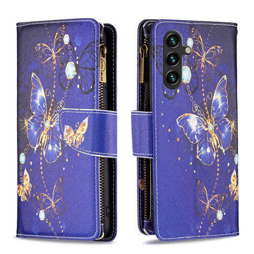 Samsung Galaxy A14 5G Colored Drawing Pattern Zipper Leather Phone Case - Purple Butterfly