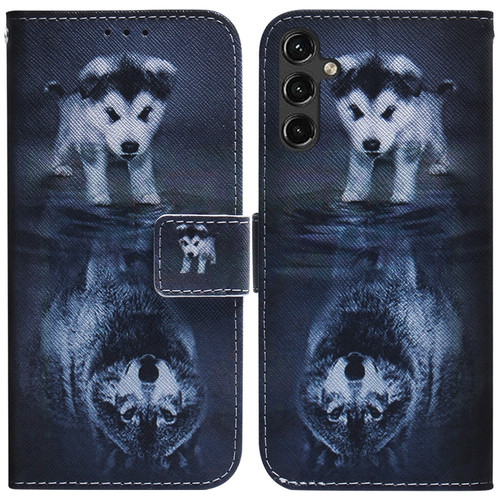 Samsung Galaxy A14 5G Coloured Drawing Horizontal Flip Leather Phone Case - Wolf and Dog