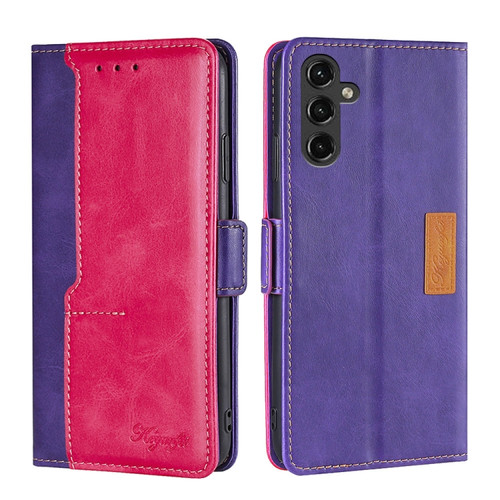 Samsung Galaxy A14 5G Contrast Color Side Buckle Leather Phone Case - Purple + Rose Red