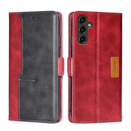 Samsung Galaxy A14 5G Contrast Color Side Buckle Leather Phone Case - Red + Black