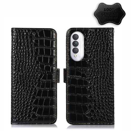 Samsung Galaxy A14 5G Crocodile Top Layer Cowhide Leather Phone Case - Black