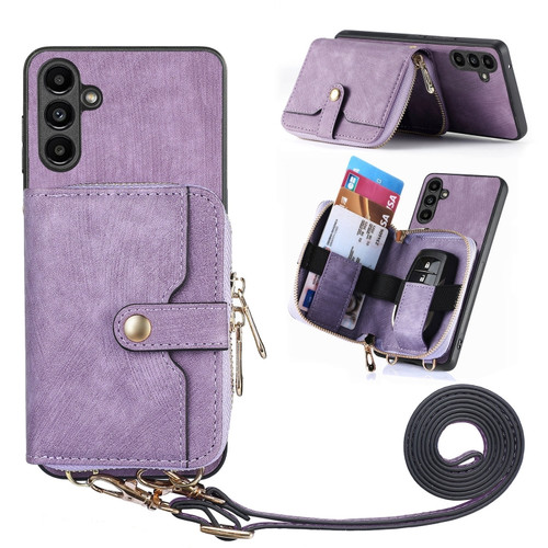 Samsung Galaxy A14 5G Crossbody Multi-function Zipper Wallet Phone Case - Purple