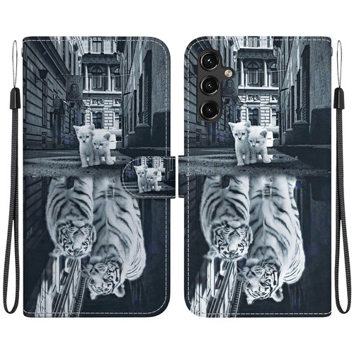 Samsung Galaxy A14 5G Crystal Texture Colored Drawing Leather Phone Case - Cat Tiger Reflection