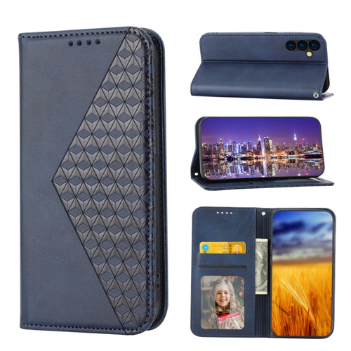Samsung Galaxy A14 5G Cubic Grid Calf Texture Magnetic Closure Leather Phone Case - Blue