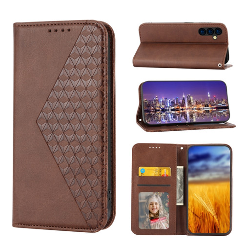 Samsung Galaxy A14 5G Cubic Grid Calf Texture Magnetic Closure Leather Phone Case - Brown