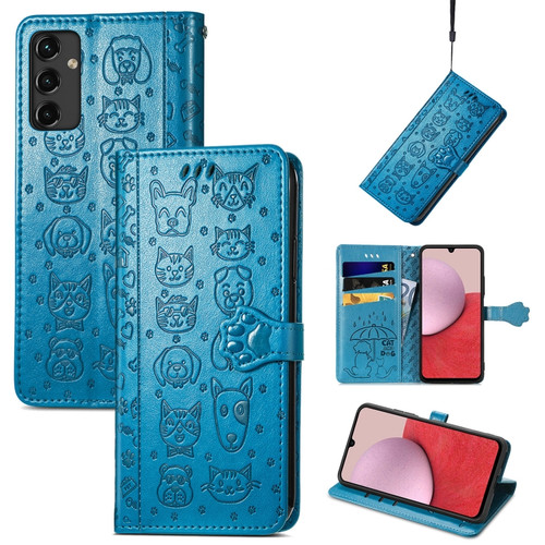 Samsung Galaxy A14 5G Cute Cat and Dog Embossed Leather Phone Case - Blue