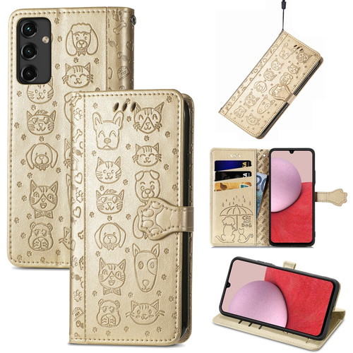 Samsung Galaxy A14 5G Cute Cat and Dog Embossed Leather Phone Case - Gold