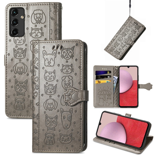 Samsung Galaxy A14 5G Cute Cat and Dog Embossed Leather Phone Case - Gray