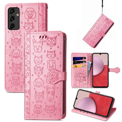 Samsung Galaxy A14 5G Cute Cat and Dog Embossed Leather Phone Case - Pink